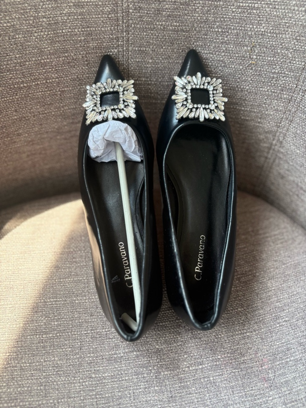 C.Paravano Aida Black Crystal Buckle Pointed Toe Flats - Size 6